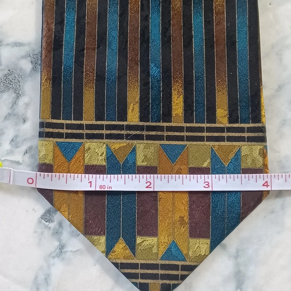 Emilio Romano Silk Tie Men Gold Teal Geometric Art Deco Handmade Italy 4 Inch